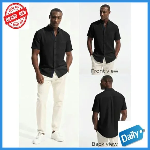 Men's Linen Blend Button Down Short Sleeve Shirt Casual Business Style - Picture 5 of 7